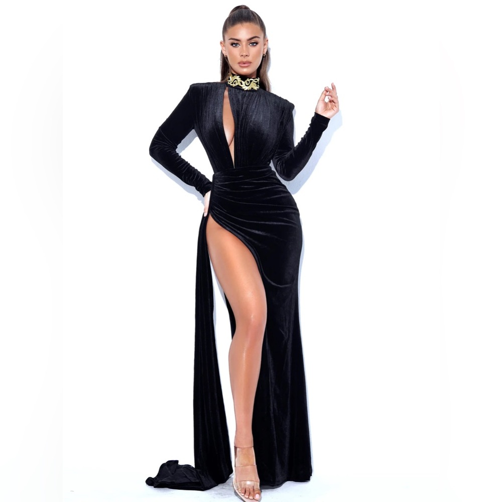 COPY - Black cutout high slit velvet gown.